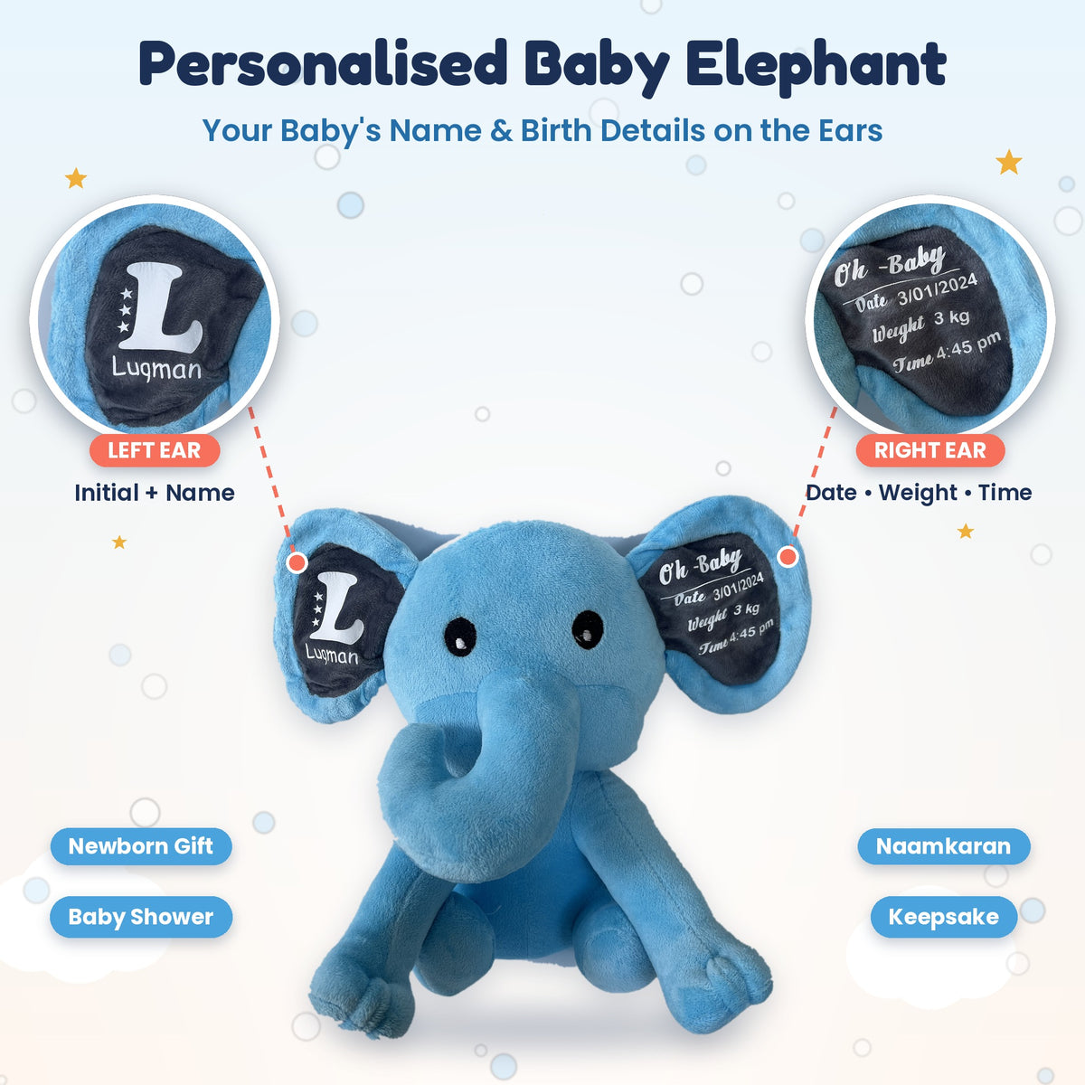 Close-up of elephant ears printed with baby initial, name, birth date, weight and time