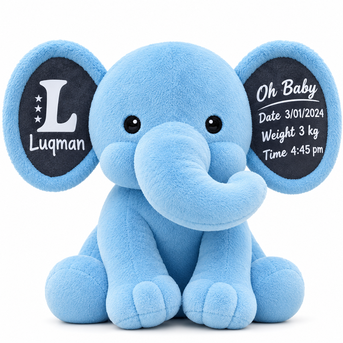 Personalised blue elephant soft toy with baby name and birth details on the ears