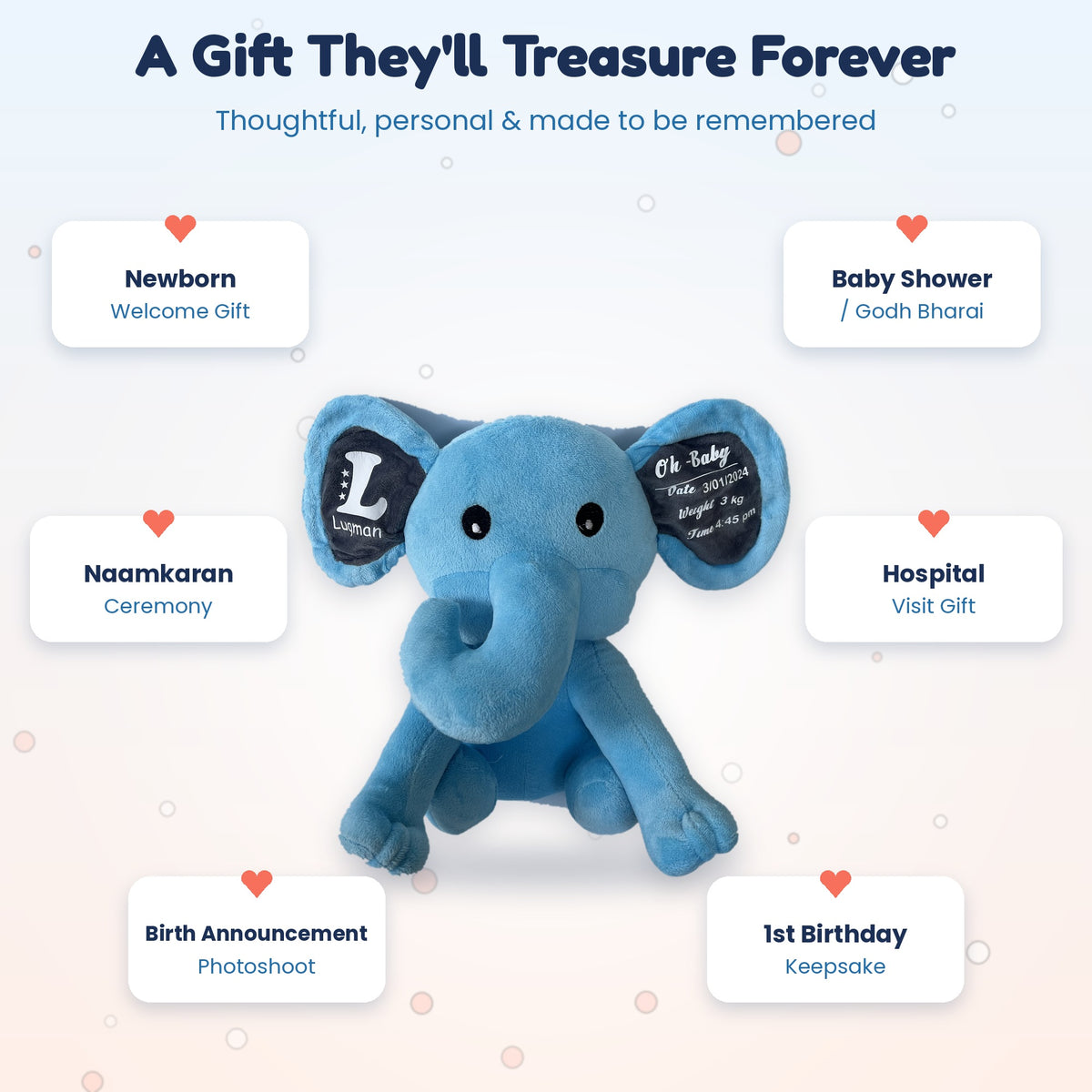 Personalised elephant newborn gift for baby shower, naming ceremony and 1st birthday