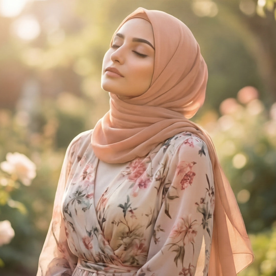 Woman wearing Blush Pink georgette hijab headscarf modest fashion daily wear