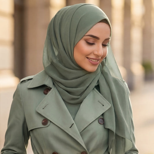 Woman wearing Sage Green georgette hijab headscarf modest fashion daily wear