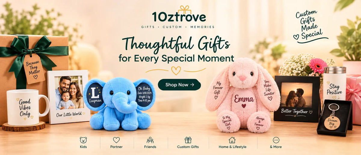 10z Trove personalized gifts and custom gift ideas for kids, couples, friends, and special occasions, including a personalized blue elephant plush toy.