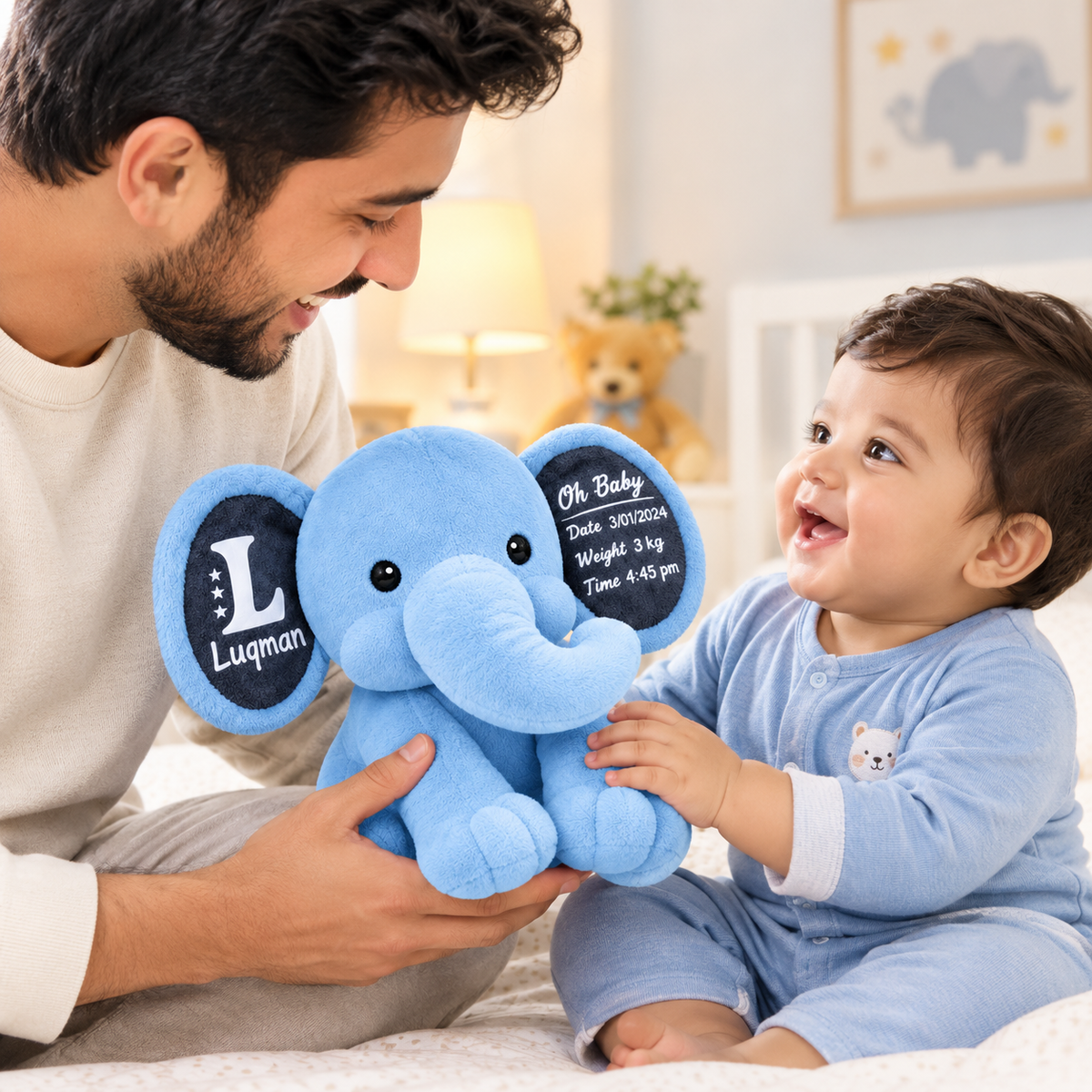 Personalised elephant newborn gift for baby shower, naming ceremony and 1st birthday\